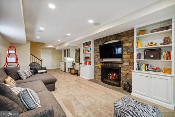Fireplace, Interior, Living room, Recessed Lighting, Stone Walls