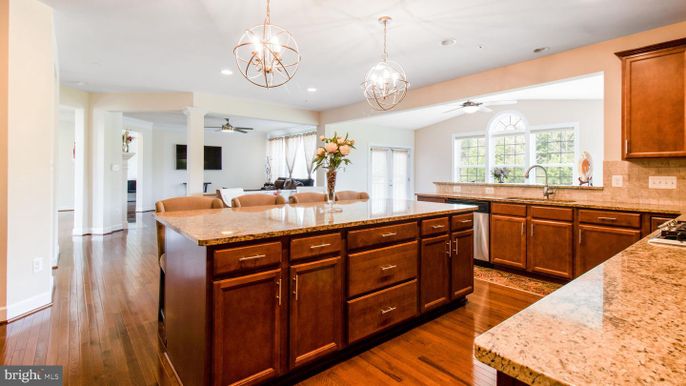 Chandelier, Interior, Kitchen, Pendant Lights, Recessed Lighting, Wood Texture Flooring