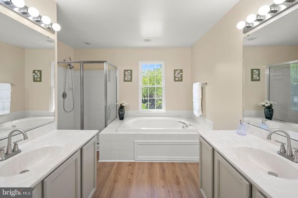Bathroom, Dual Sink Vanities, Glass Shower, Interior, Wood Texture Flooring