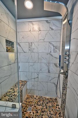 Bathroom, Glass Shower, Interior, Marble Walls, Recessed Lighting