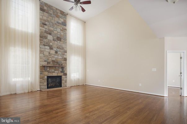 Empty room, Fireplace, Interior, Stone Walls, Wood Texture Flooring