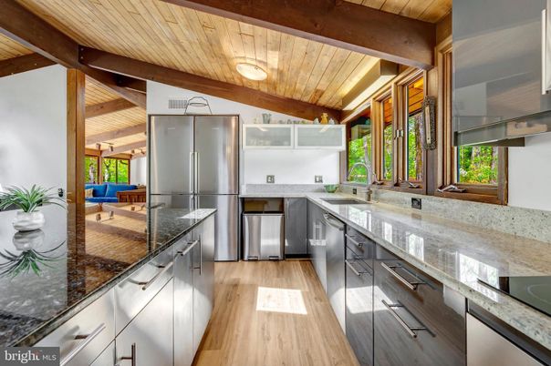 Interior, Kitchen, Stainless Steel Appliances, Wooden Beams, Wooden Ceilings, Wood Texture Flooring