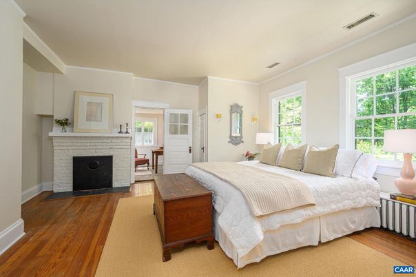 Bedroom, Fireplace, Interior, Wood Texture Flooring