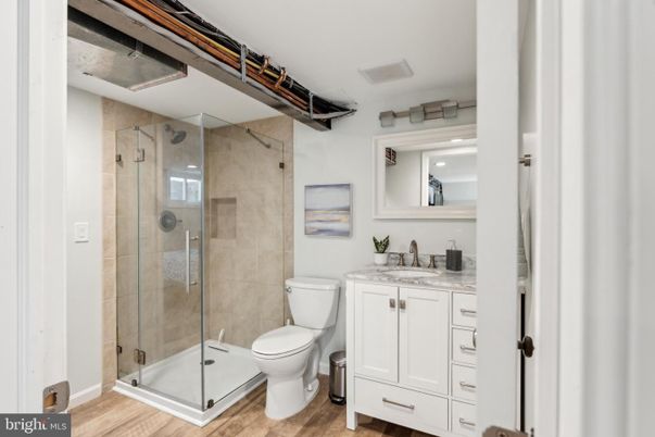 Bathroom, Glass Shower, Interior, Wood Texture Flooring
