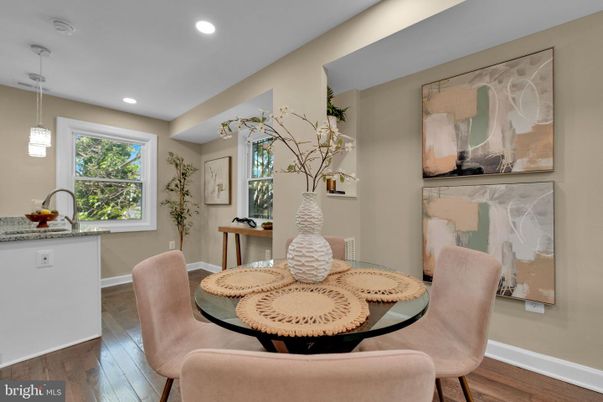 Dining room, Interior, Pendant Lights, Recessed Lighting, Wood Texture Flooring