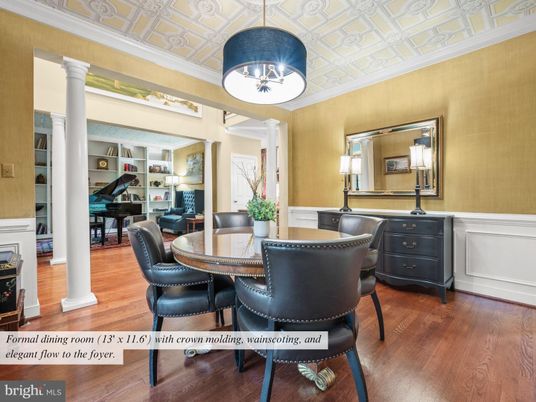 Dining room, Interior, Pendant Lights, Piano, Wood Texture Flooring