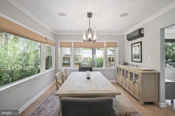 Dining room, Interior, Pendant Lights, Wood Texture Flooring