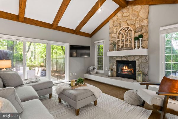Fireplace, Interior, Living room, Stone Walls, Wooden Beams, Wood Texture Flooring