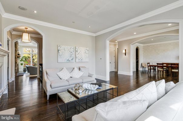 Dining room, Fireplace, Interior, Living room, Pendant Lights, Recessed Lighting, Wood Texture Flooring