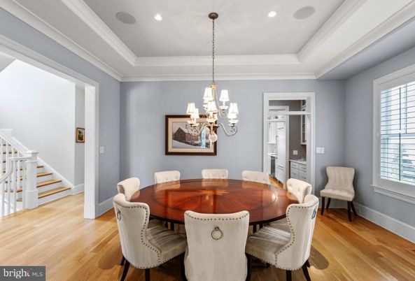 Chandelier, Dining room, Interior, Recessed Lighting, Wood Texture Flooring