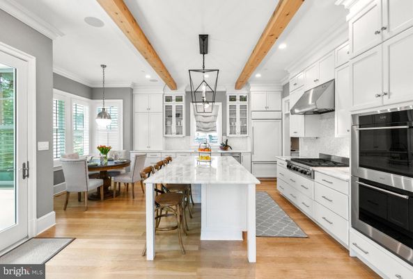 Dining room, Interior, Kitchen, Pendant Lights, Recessed Lighting, Stainless Steel Appliances, Wooden Beams, Wood Texture Flooring