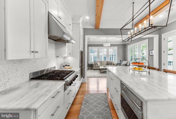 Interior, Kitchen, Living room, Pendant Lights, Recessed Lighting, Stainless Steel Appliances, Wooden Beams, Wood Texture Flooring