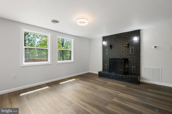 Empty room, Fireplace, Interior, Stone Walls, Wood Texture Flooring