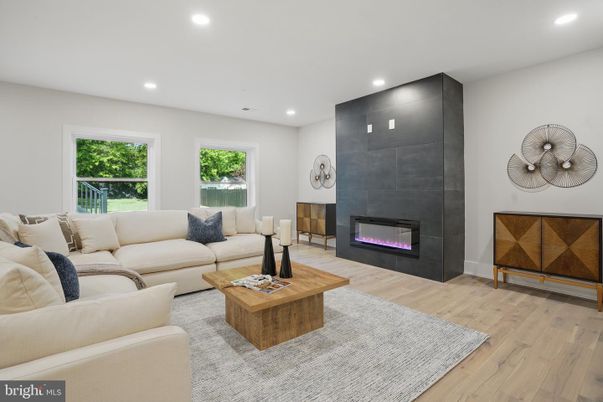 Fireplace, Interior, Living room, Recessed Lighting, Wood Texture Flooring