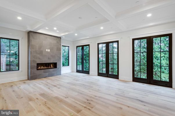 Empty room, Fireplace, Interior, Recessed Lighting, Wood Texture Flooring