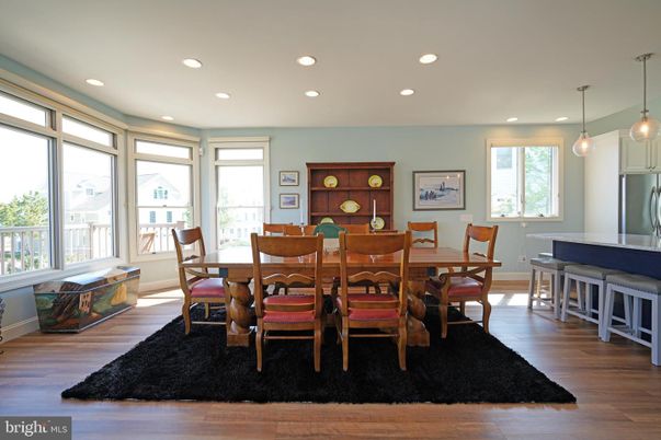 Dining room, Interior, Pendant Lights, Recessed Lighting, Wood Texture Flooring