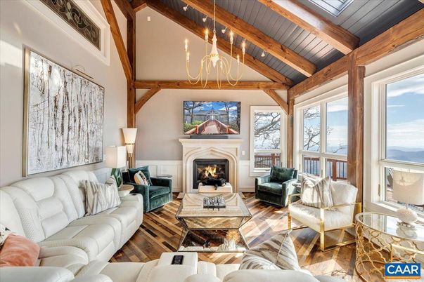 Fireplace, Interior, Living room, Pendant Lights, Wooden Beams, Wood Texture Flooring