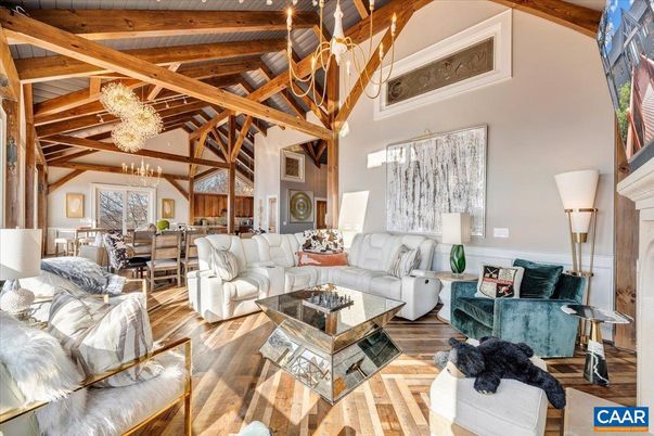 Chandelier, Dining room, Fireplace, Interior, Living room, Pendant Lights, Wooden Beams, Wood Texture Flooring