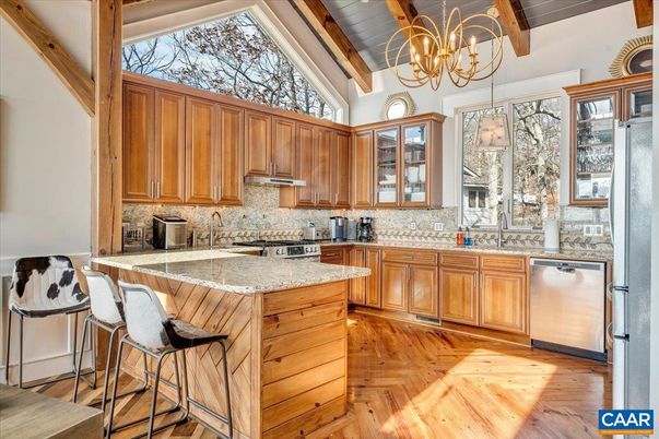 Chandelier, Interior, Kitchen, Stainless Steel Appliances, Wooden Beams, Wood Texture Flooring