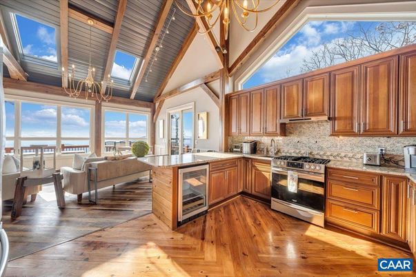 Chandelier, Interior, Kitchen, Living room, Stainless Steel Appliances, Wood Texture Flooring