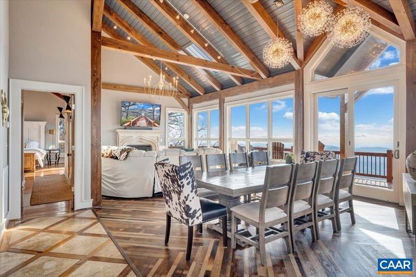Chandelier, Dining room, Fireplace, Interior, Living room, Wooden Beams, Wood Texture Flooring