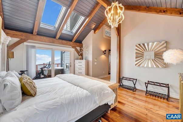 Bedroom, Chandelier, Interior, Wooden Beams, Wooden Ceilings, Wood Texture Flooring