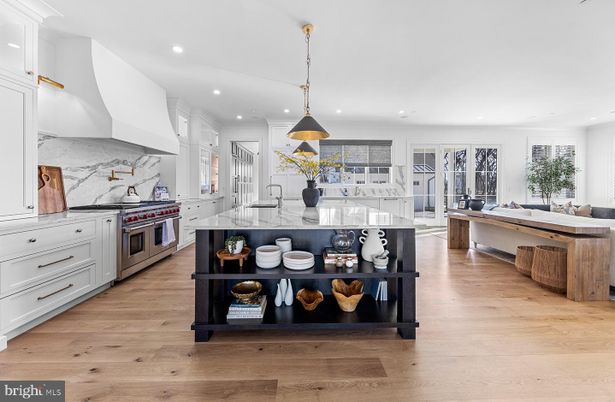 Interior, Kitchen, Marble Walls, Pendant Lights, Recessed Lighting, Stainless Steel Appliances, Wood Texture Flooring