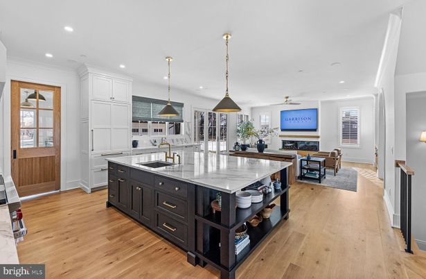 Dining room, Fireplace, Interior, Kitchen, Living room, Pendant Lights, Recessed Lighting, Wood Texture Flooring
