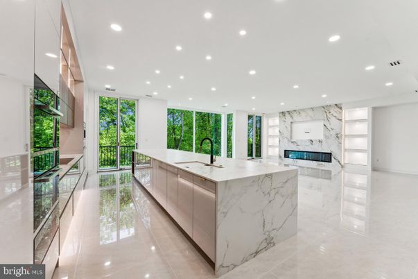 Fireplace, Interior, Kitchen, Marble Walls, Recessed Lighting