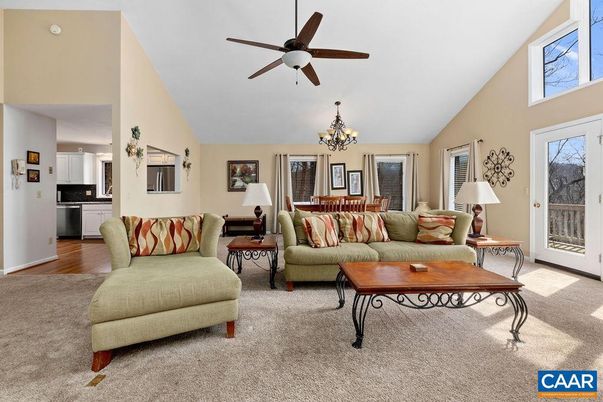 Chandelier, Dining room, Interior, Kitchen, Living room, Stainless Steel Appliances, Wood Texture Flooring