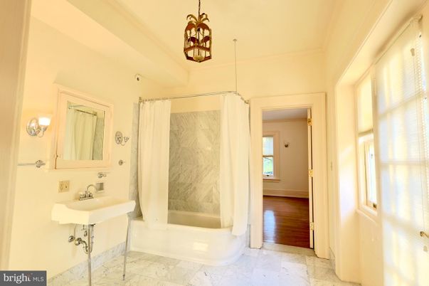 Bathroom, Interior, Marble Walls, Pendant Lights, Wood Texture Flooring