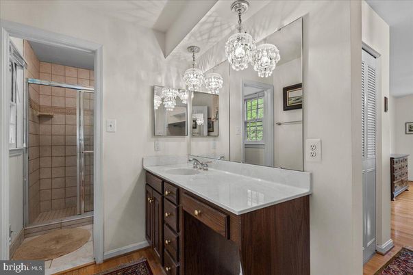 Bathroom, Glass Shower, Interior, Pendant Lights, Wood Texture Flooring