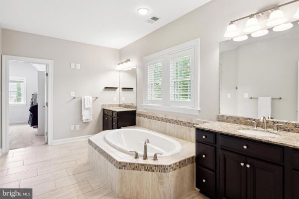 Bathroom, Dual Sink Vanities, Interior, Recessed Lighting, Wood Texture Flooring