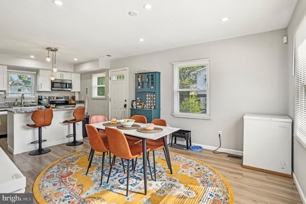 Dining room, Interior, Kitchen, Pendant Lights, Recessed Lighting, Stainless Steel Appliances, Wood Texture Flooring