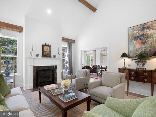 Dining room, Fireplace, Interior, Living room, Recessed Lighting, Wooden Beams, Wood Texture Flooring