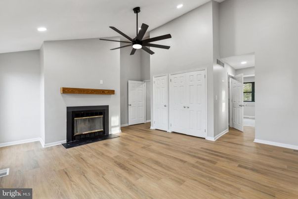 Empty room, Fireplace, Interior, Recessed Lighting, Wood Texture Flooring