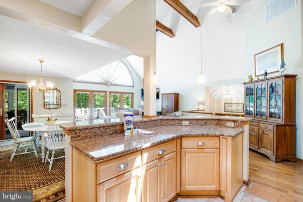 Chandelier, Dining room, Interior, Kitchen, Pendant Lights, Wooden Beams, Wood Texture Flooring