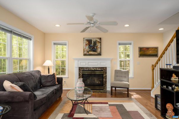 Fireplace, Interior, Living room, Recessed Lighting, Wood Texture Flooring