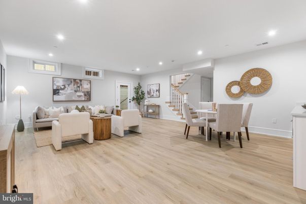 Dining room, Interior, Living room, Recessed Lighting, Wood Texture Flooring
