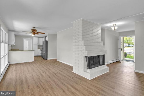 Empty room, Fireplace, Interior, Kitchen, Wood Texture Flooring