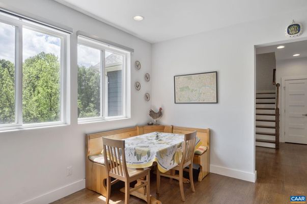 Dining room, Interior, Recessed Lighting, Wood Texture Flooring