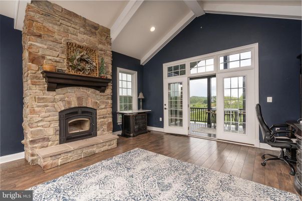 Fireplace, Home Office, Interior, Recessed Lighting, Stone Walls, Wood Texture Flooring