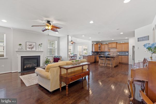Dining room, Fireplace, Interior, Kitchen, Living room, Pendant Lights, Recessed Lighting, Wood Texture Flooring