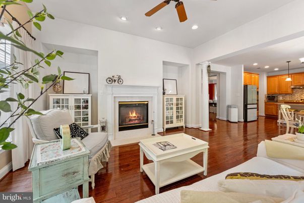 Fireplace, Interior, Kitchen, Living room, Pendant Lights, Recessed Lighting, Wood Texture Flooring