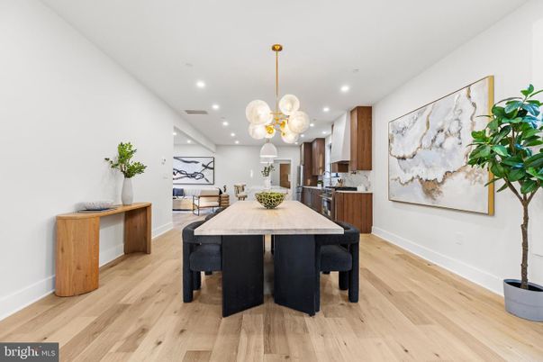 Dining room, Interior, Kitchen, Pendant Lights, Recessed Lighting, Wood Texture Flooring