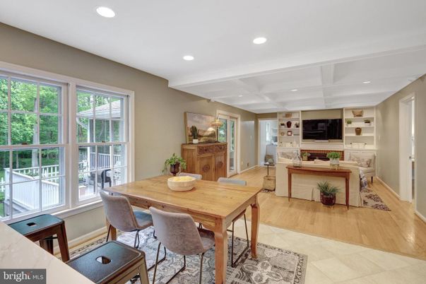 Dining room, Interior, Recessed Lighting, Wood Texture Flooring