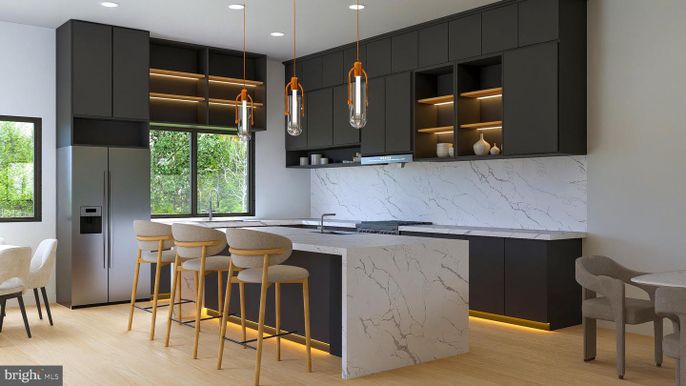 Interior, Kitchen, Marble Walls, Pendant Lights, Recessed Lighting, Wood Texture Flooring