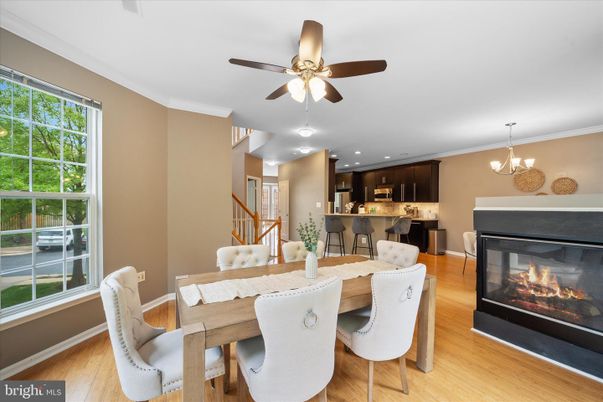 Dining room, Fireplace, Interior, Kitchen, Pendant Lights, Recessed Lighting, Wood Texture Flooring