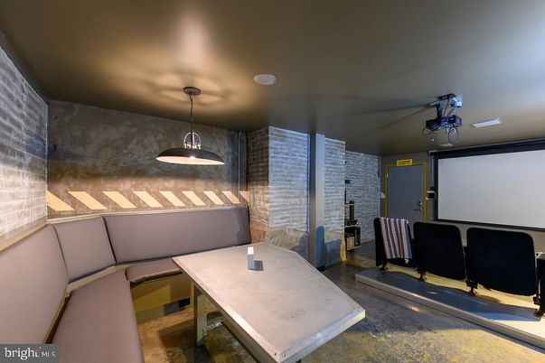 Interior, Pendant Lights, Projection Screen, Stone Walls, Theatre Room