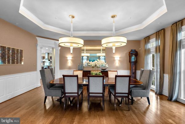 Dining room, Interior, Pendant Lights, Wood Texture Flooring